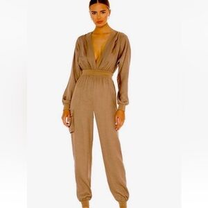 Michael Costello X Revolve Jumpsuit S Taupe Beige Plunging Neckline Jogger Leg
